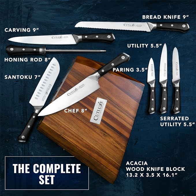 Cutluxe Kitchen Knife Set, 8-Piece Chef Knives with Acacia Wood Block | Razor Sharp Full Tang Blades, High Carbon German Steel – Artisan Series, Professional
