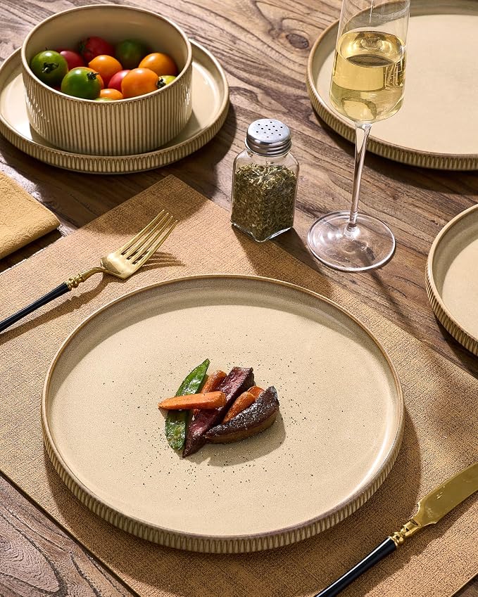 Stoneware Dinnerware Sets, Reactive Glaze Dishes Set for 8 | 24-Piece Handmade Ceramic Plates and Bowls, Microwave and Dishwasher Safe, Chip and Scratch Resistant, Modern Rustic, Cream