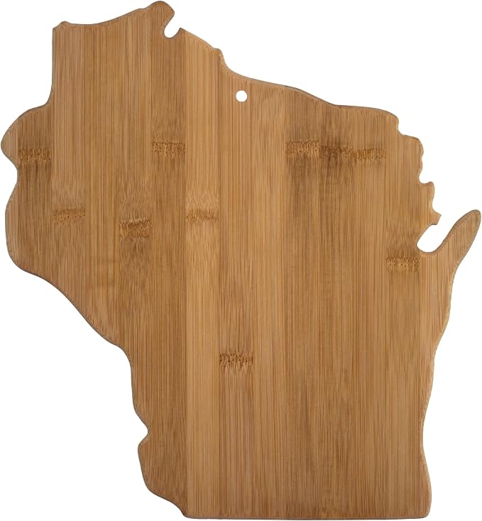 Totally Bamboo Wisconsin State Shaped Bamboo Serving and Cutting Board | State charcuterie board with natural bamboo grain. Knife-friendly surface for food prep. Hang tie for wall display.