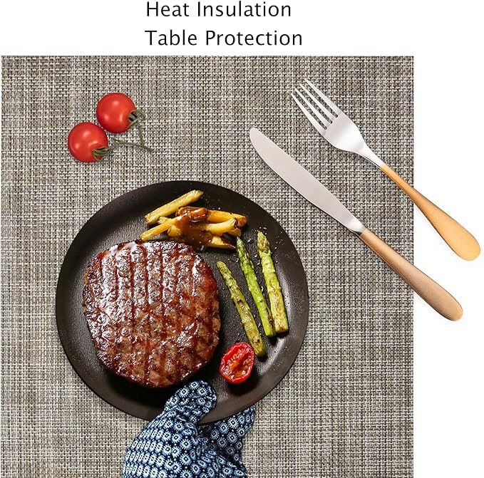 Myir JUN Placemats Set of 6 Kitchen and Dining Table Placemats | Vinyl Placemats Place Mats Indoor/Outdoor Set of 6 Washable Table Mats Non-Slip Place mats for Dining Table, Caramel