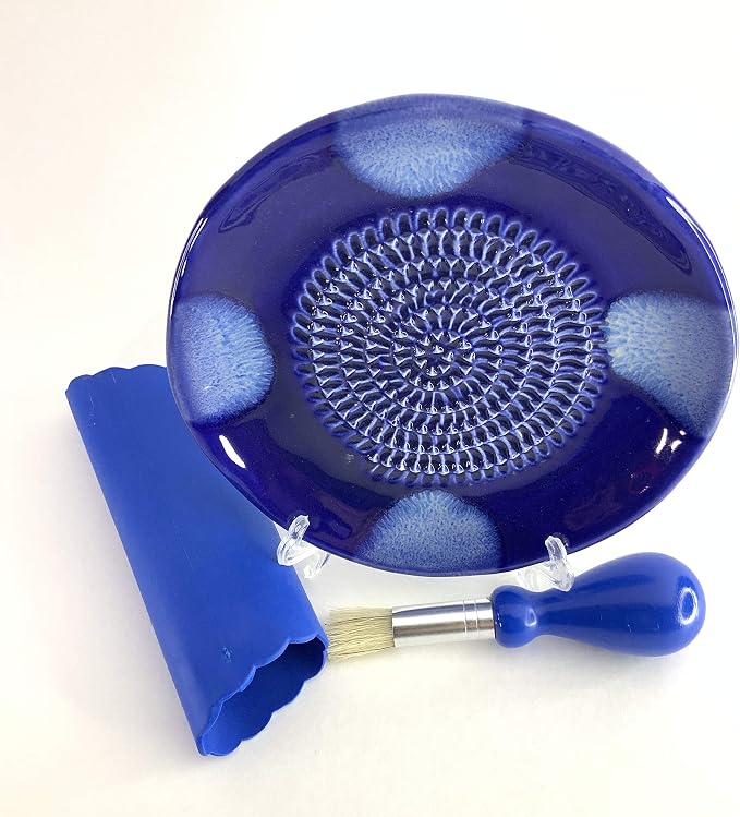 Premium Ceramic Garlic Grater Plate Set - Blue Cross Glazed | All-in-One 4-Piece Set includes 5.25" Plate, Peeler, Brush, and Stand - For Garlic, Ginger, Fruits, Strawberries, and more!