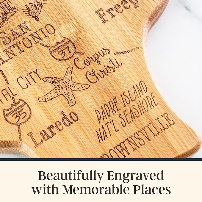 Totally Bamboo Destination Texas State Shaped Cutting Board | State charcuterie serving board with engraved map artwork. Smooth reverse side for food prep. Hang tie for wall display.