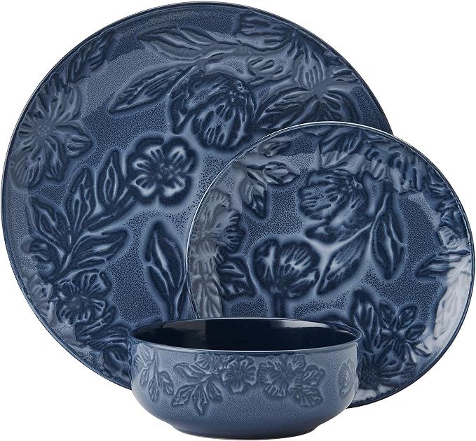 Paltzgraff Garden Elegance 12 Piece Floral Stoneware Dinnerware Plate Bowl Dish Set, Service for 4, Blue