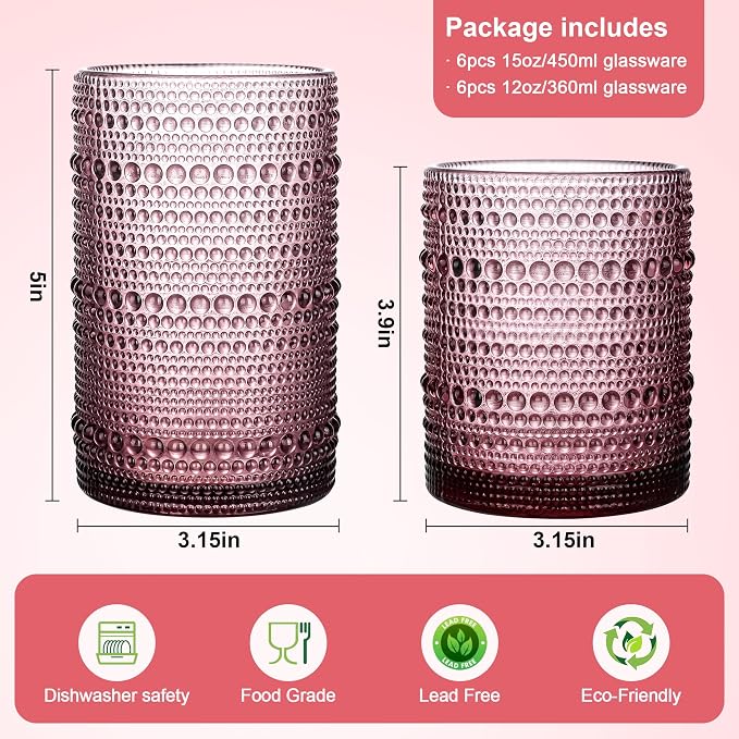 KMIGRUAN Hobnail Drinking Glasses Set of 12,15Oz & 12Oz Cocktail Glasses | Smoke Purple Vintage Boho Highball Glasses, Embossed Beaded Water Glass Cups for Cocktail, Beer, Milk, Juice & Bar Use