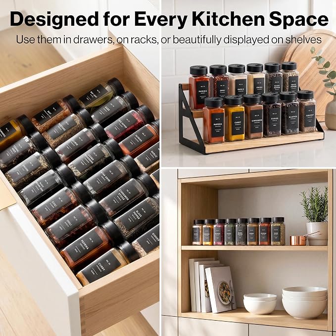 Glass Spice Jars with Label and Black Sprinkle Lids (24 x 4oz) | Airtight Lids keep spices fresh, Kitchen Spice Drawer Organizer, 4oz Seasoning Containers incl. Funnel, Brush & 240 Labels