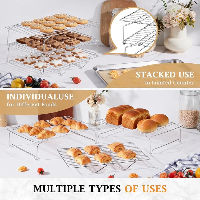 LIANYU Cooling Rack 15"x10", 4-Tier Stackable & Collapsible Cooling Racks | Stainless Steel Wire Baking Racks Fits Jelly Roll Pan, Great for Cooking, Baking, Roasting, Grilling, Oven & Dishwasher Safe