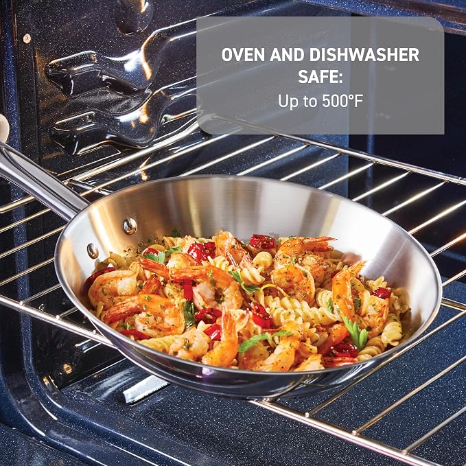 T-Fal Gourmet Stainless Steel Fry Pan 12.5 Inch Induction Compatible Skillet Pan, Fast and Even Heating, Oven Safe to 500F, Professional Grade Cookware for Home Chefs | Even heat base, Dishwasher safe, Riveted stainless steel handle, Sauté and sear cap...
