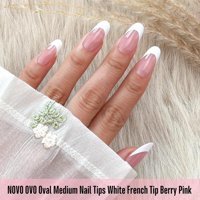 NOVO OVO White French Tip Oval Nail Tips Press on BERRY PINK, Extra Thick Medium Soft Gel Fake Nail Acrylic Extension, Need Builder Gel Top Coat, No Glue Included, for Salon DIY x 15 Sizes 240 pcs
