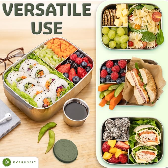 Stainless Steel Bento Box + Condiment Container - Sage, 60oz / 1.8 L | Everusely extra large metal lunch box, leakproof sauce container, 3 compartment snack organizer, freezer & dishwasher safe