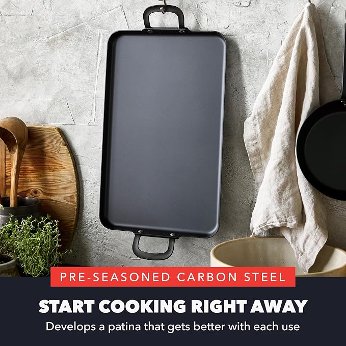 GreenPan x Bobby Flay 18" x 11" Pre-Seasoned Carbon Steel Double Burner Pan | Natural Nonstick with Use, Durable Cast Iron Alternative, Induction & All Stovetop Compatible, High Heat & Oven Safe to 660F