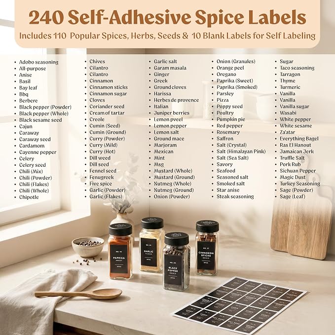 Square Glass Spice Jars (24 x 4oz) with Black Lids + Magnetic Spice Rack for Refrigerator (Fits 12 Jars) + Bonus Slim Auxiliary Rack, 240 Labels, Shaker Inserts, Funnel