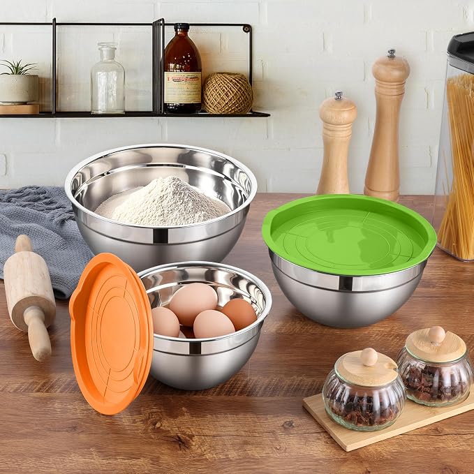 LIANYU Stainless Steel Metal Mixing Bowls, 3 Sizes Large and Small Salad Mixing Bowl Sets, Include Airtight Lids, Ideal for Kitchen Storage, Prepping, Baking, Three-Color