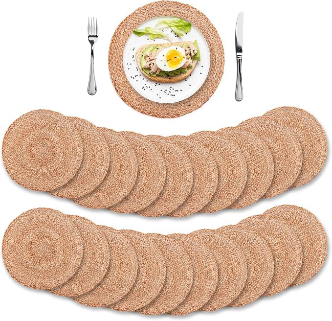 Natural Jute Placemats Set of 20, Round Woven Table Mats, 13 Inch Rattan Charger Plates, Bulk Set for Weddings, Parties & Events