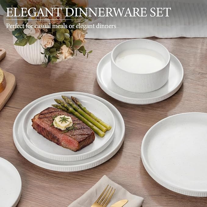 E-far Stoneware Dinnerware Sets for 2, 6-Piece Plates and Bowls Sets, White | Plate Set for 2, Chip & Scratch Resistant Ribbed Dish Set for Home Restaurant, Microwave & Dishwasher Safe, Speckled White