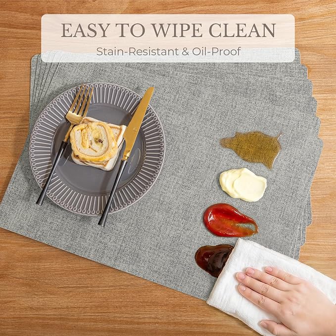 Romanstile Vinyl Placemats Set of 6-12 X 17 Inch - Faux Leather 100% Waterproof Wipeable Anti Slip Place Mats, Heat Resistant Reversible PU Table Mats for Kitchen Dining Party Outdoor, Light Grey