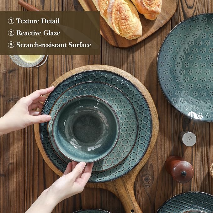 MALACASA 12 Pieces Dinnerware Sets, Farmhouse Plates and Bowls Sets, Embossed Green Dish Set for 4, Vintage Relief Ceramic Dish Set, Chip-Resistant, Microwave and Dishwasher Safe, Series LYDIA