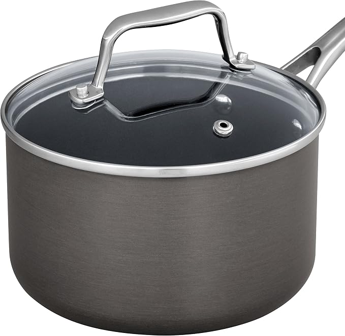 Amazon Basics Mini Sauce Pan With Lid, 1.9 Quarts, Hard-Anodized Non-Stick Aluminum, Gray