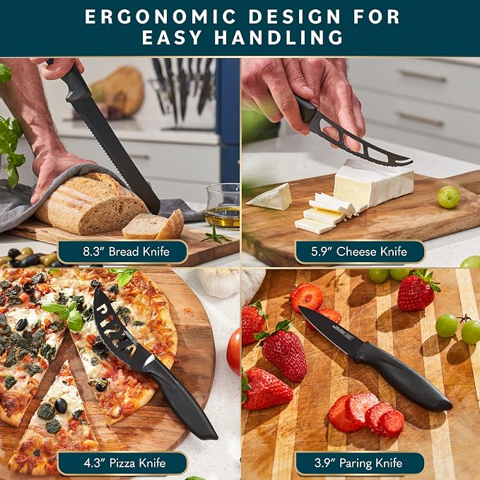 Home Hero Kitchen Knife Set - High Carbon Stainless Steel Blades & Built-In Sharpener - Ergonomic Handles & Cutlery Block Storage - Precision Cooking Prep with Chef Knife - 20 Pc, Black | High Carbon Stainless Steel Knife Set with Block - Built-In Shar...
