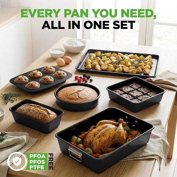 NutriChef 8 Piece Nonstick Bakeware Set | Carbon Steel Baking Pans for Oven | Includes Sheet Pan, Muffin, Loaf, Round and Square Cake Pan | Dishwasher Safe, Stackable Design Oven Safe up to 446°F