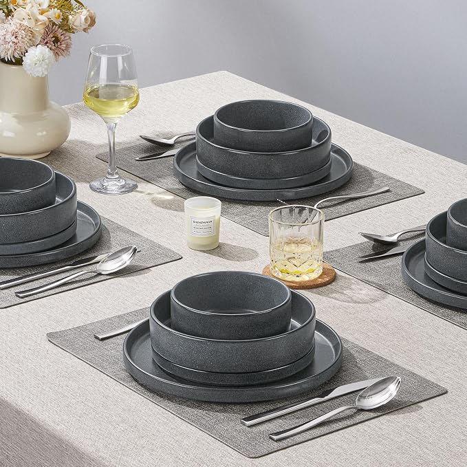 Herogo 16 Piece Plates and Bowls Set, Ceramic Dinnerware Sets with Pasta Bowls, Kitchen Dinner Ware Dishes Service for 4, Chip & Scratch Resistant Dishware, Dark Gray