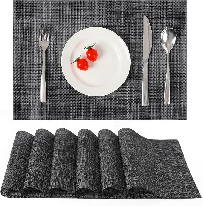 Myir JUN Placemats Set of 6 Kitchen and Dining Table Placemats | Vinyl Placemats Place Mats Indoor/Outdoor Set of 6 Washable Table Mats Non-Slip Place mats for Dining Table, Dark Gray-black