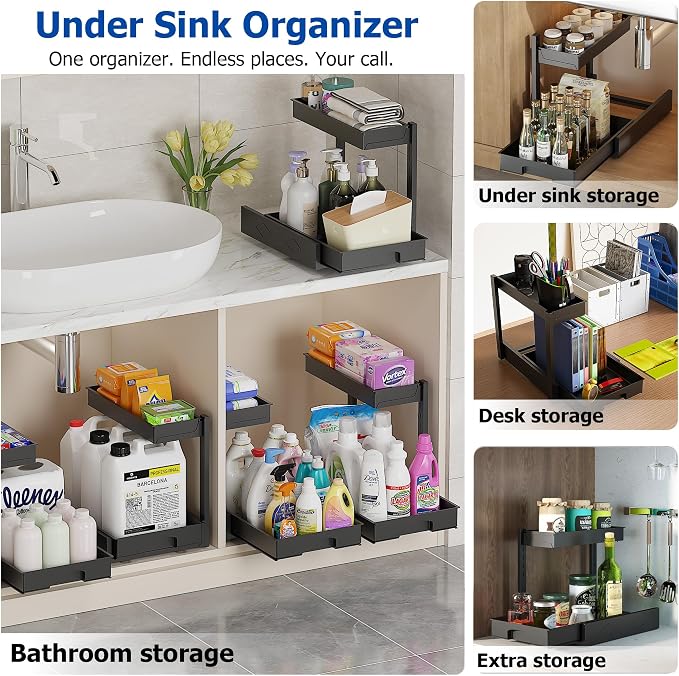 BLULEE 2 Pack Under Sink Organizer, Adjustable Pull Out Storage Rack | L-Shaped Set of 2 Sliding Bathroom Vanity & Kitchen Shelf, Bypasses Pipes, Heavy Duty Metal Frame Fits Tall Bottles