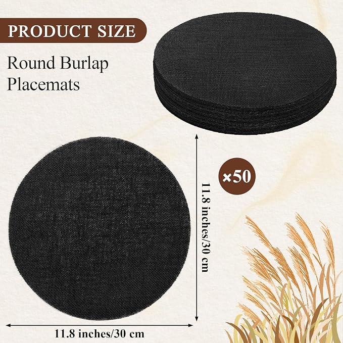 Aneco 50 Pieces Round Burlap Placemats 11.8 Inch Reusable Black Table Mats Heat Resistant Natural Jute Fibers Placemats Burlap Circle Rustic Table Decorations for Dinner Holiday Farmhouse Decor