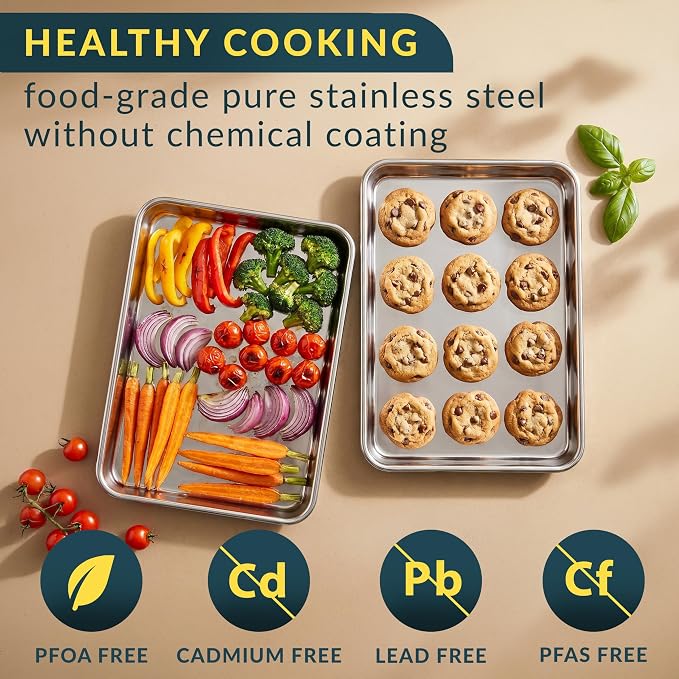 Stainless Steel Cookie Sheet Set of 2, 9" Baking Sheet Pans, Non-Stick | Mirror finish & rust-resistant; BPA-free and dishwasher safe; ideal for everyday oven roasting