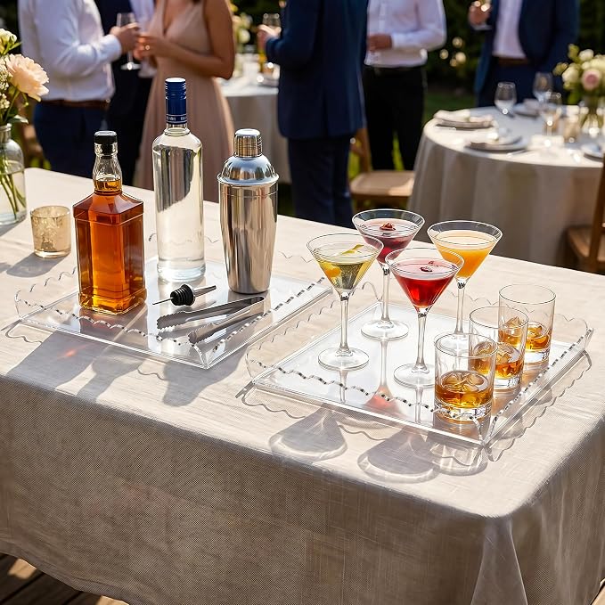 3 Pack Acrylic Serving Trays for Party, 11.6 x 11.6 Inch Clear Scalloped Serving Platters for Dessert Coffee Tea, Square Acrylic Plates for Cupcake Catering Fruit Trays for Event Party Supply Home Table Decor