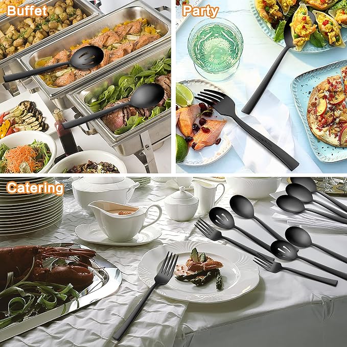 E-far Matte Black Serving Utensils Set of 6, Stainless Steel Serveware Set | 8.7 Inch, Hostess Serving Set Including Metal Slotted Spoons Forks for Party Buffet Catering, Square Edge & Rust Free
