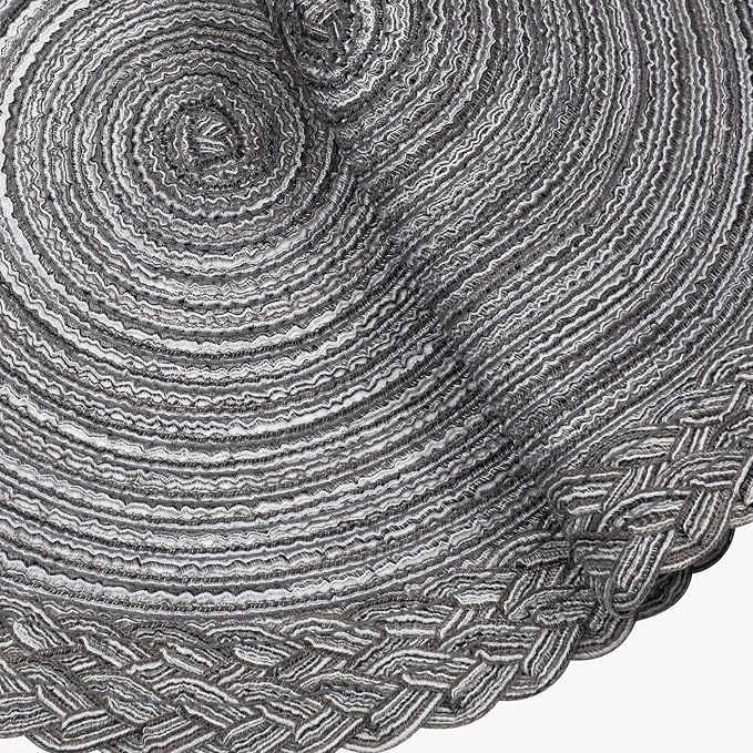 SHACOS Round Placemats Set of 4 Boho Braided Border 15 inch Circle Place Mats Washable Fabric Table Mats for Kitchen Dining Table, Gray