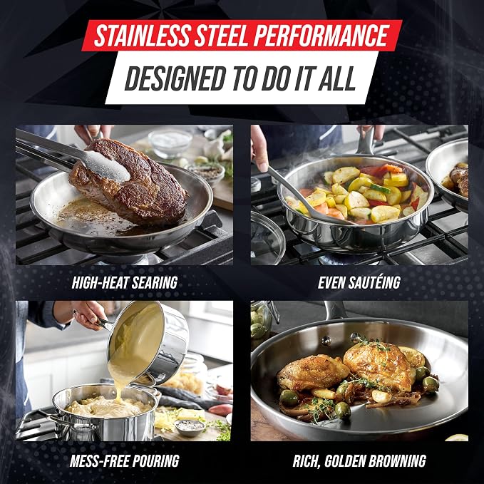 Blue Diamond Pro Steel 8" Tri-Ply Stainless Steel Frying Pan Skillet | Multi Clad Skillet, Induction & All Stovetop Suitable, Mirror Polished Finish, Dishwasher Safe, Oven Safe to 850F, Silver