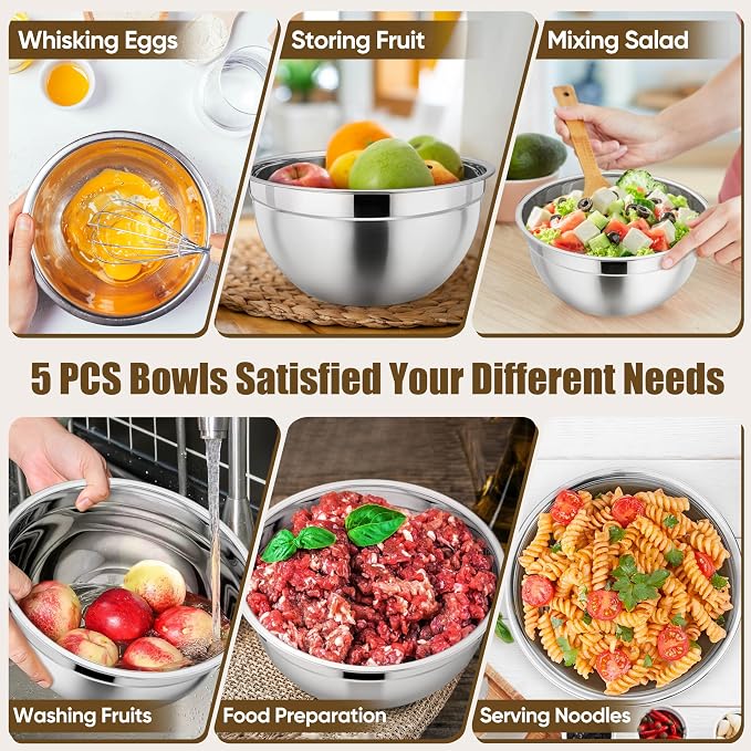 P&P CHEF Metal Mixing Bowls with Lids Set, Airtight Lids & Khaki | 5 PCS Stainless Steel Mixing Nesting Bowls for Kitchen Prepping, Storing, Healthy & Easy Clean, Size 4.6, 3, 1.5, 1, 0.7 QT