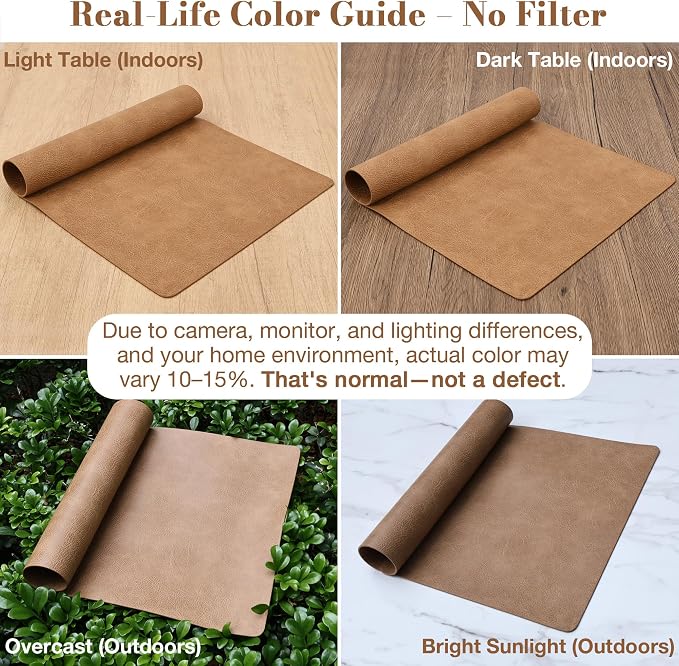 Roxifina Faux Leather Placemats Set of 6 - Vinyl Placemats Wipeable Waterproof Oil-Proof PU Place Mats Heat Resistant Reversible Table Mats for Dining, Kitchen, Outdoor, 12 x 17 Inch (Camel)