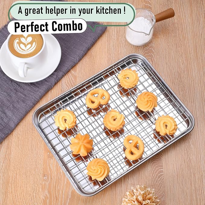 Homikit Cookie Sheet with Rack Set (1 Sheet Pan+1 Cooling Rack),10 x 8 Inch | Stainless Steel Small Baking Sheet with Wire Rack for Baking Roasting, Toaster Oven Pan Bacon Tray, Non-Toxic & Heavy Duty