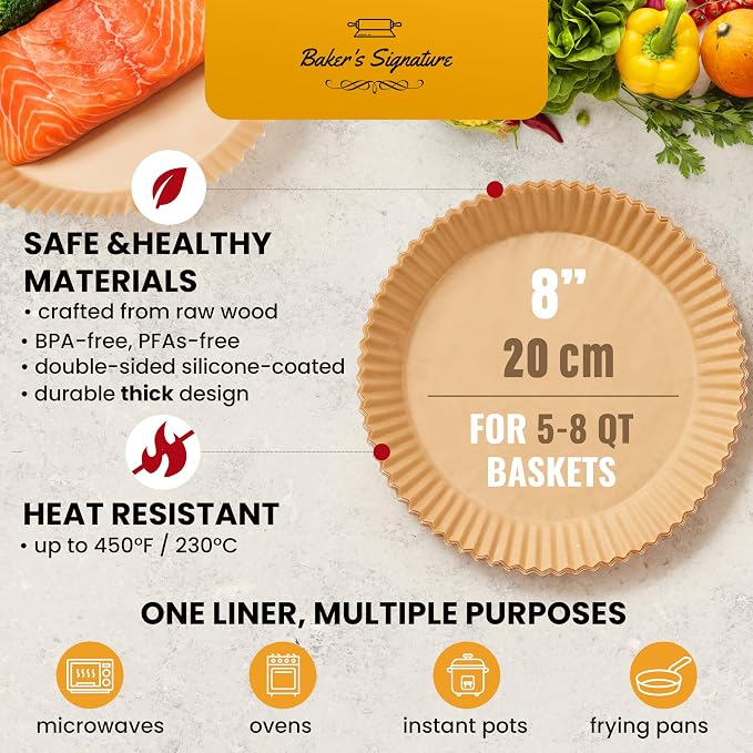 Air Fryer Liners for Ninja, 125 Pcs Round Disposable Airfryer Paper Liners | Non-Stick and Oil Proof for Easy Cleanup, Great for Oven, Pans & Baking – 8" for 5-8 qt Basket by Baker's Signature