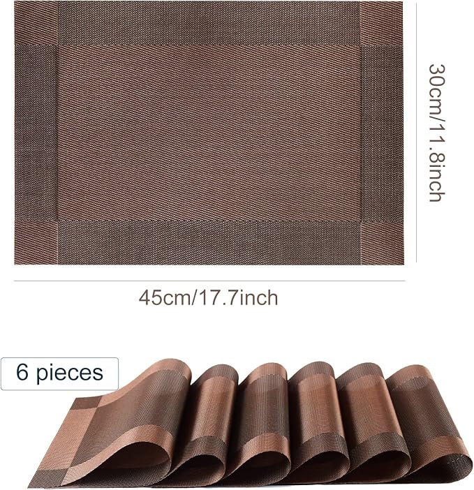 Placemats,Table Place Mats for Kitchen Dining, Heat-Resistant Anti-Skid Stain Washable PVC Table Mats, Easy to Cleaning Woven Vinyl Dinner Mats (Brown, 6 Pack)