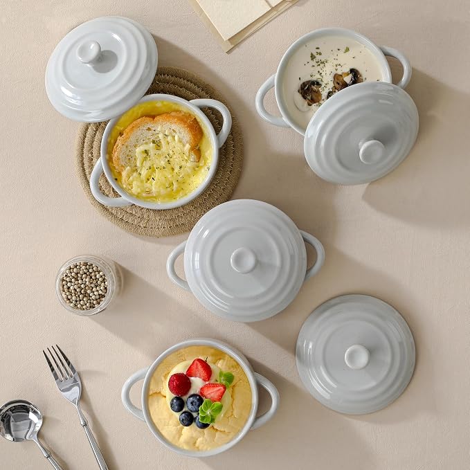 MALACASA Mini Cocotte Set of 4, 12 OZ Ramekins with Lids and Handles | Small Casserole Dishes for Oven, Ceramic Baking Dishes Set, Single Serving, Microwave & Dishwasher Safe, Khaki Grey
