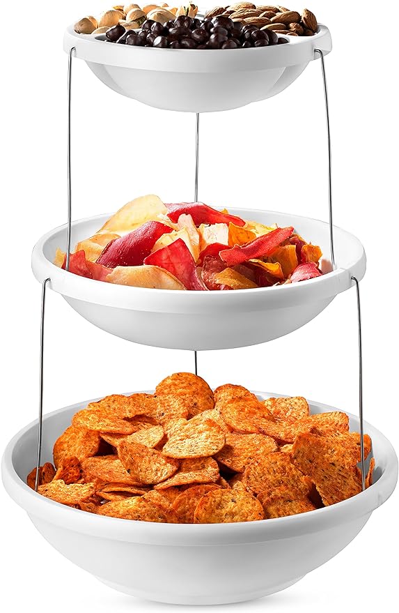 Masirs 3-Tier Collapsible Bowl: Decorative Design Folds for Minimal Storage. Ideal for Serving Snacks, Salad, and Fruit. Top Bowl Divided into Three Sections. | Masirs Tiered Serving Stand, Divided Top Tray, BPA-Free Dishwasher Safe Plastic, Snacks Sal...