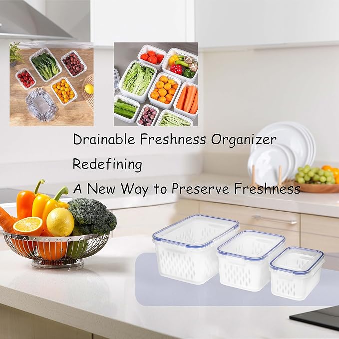 Fruit and Vegetable Storage Containers for Fridge, 6 Pcs/3 Sets Keep Fresh Produce Saver Containers Keeper, Food Storage Containers with Removable Colander (blue)