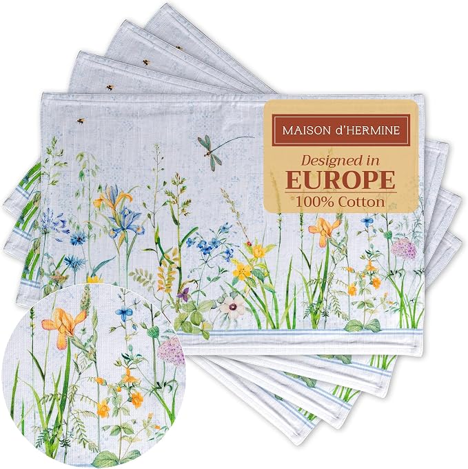 Maison d' Hermine Placemats Set of 4 Reusable 100% Cotton (13"x19") | Cloth Place Mats Washable Table Mats for Kitchen Dining Party Wedding Hotel Home Restaurant Spring Summer - Fleurs De Mai