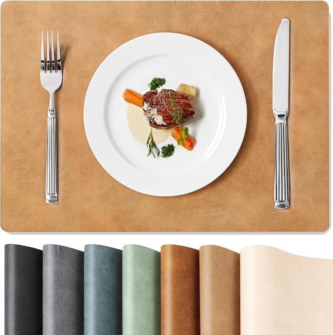 Roxifina Faux Leather Placemats Set of 6 - Vinyl Placemats Wipeable Waterproof Oil-Proof PU Place Mats Heat Resistant Reversible Table Mats for Dining, Kitchen, Outdoor, 12 x 17 Inch (Camel)