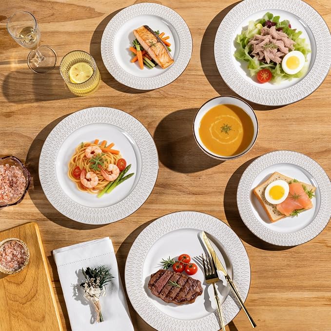 GBHOME Ceramic Dinnerware Sets of 8,24 pcs Plates and Bowls Sets Dishes | Embossed Elegant Stoneware Dishes Set | Dishwasher & Microwave Safe | Service for 4