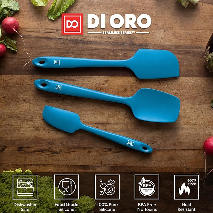 DI ORO Silicone Spatula Set - 600F Heat Resistant, 3-Pc Blue | Rubber scraper won't scratch nonstick pans; For baking, cooking, mixing, and frosting; BPA-free and dishwasher safe