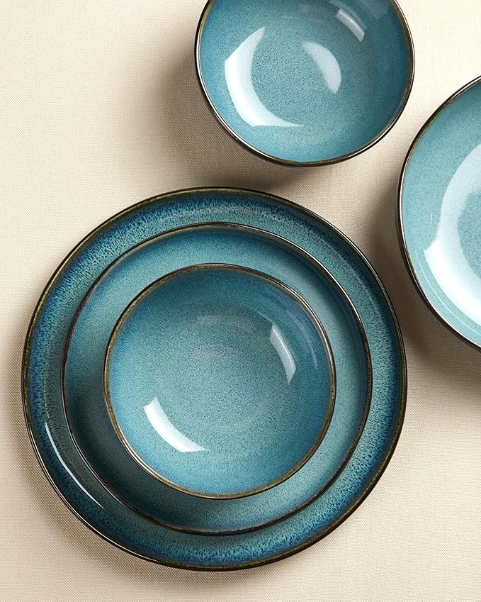 Extra Large Dinnerware Set for 12, 36 Pieces Ceramic Plates and Bowls Set, Kitchen Dish Set, Microwave & Dishwasher Safe Dishware, Ocean-Inspired Stoneware for Big Gatherings, Green Black