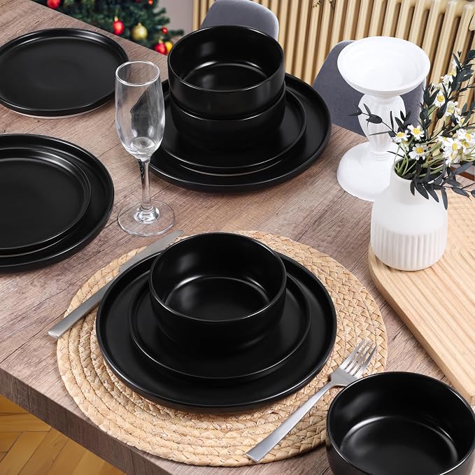 HaWare Stoneware Dinnerware Sets, 18-Piece Plates and Bowls Set for 6, Dishes Set for Home Restaurant, Frosting Black