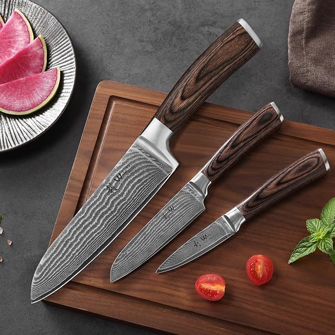 Wakoli EDIB 3-Piece Damascus Kitchen Knife Set in Wooden Gift Box | VG10 Core, 67-Layer Genuine Damascus Steel, 60 ± 2 HRC, Santoku, Utility and Paring Knife, Pakkawood Handles