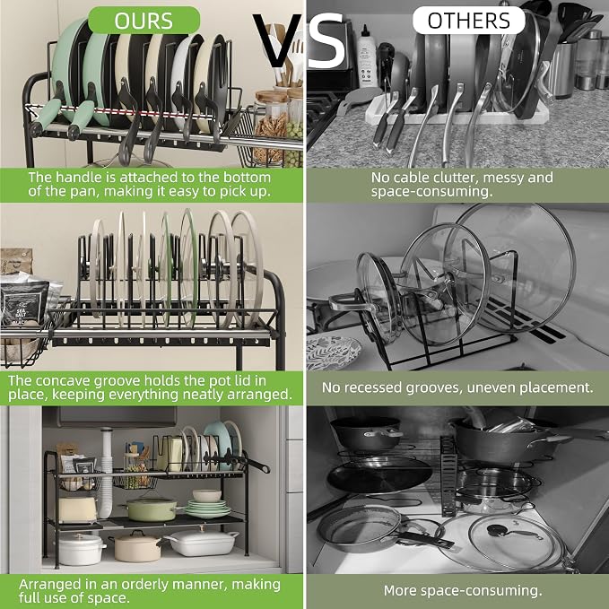Expandable Under Sink Organizer，Pot and pan Organizer Under Cabinet | Pan Lid Organizer,Expandable Storage shelf with Pan Rack（7 Dividers）,2 Baskets and 4 Panels,Adjustable partition height