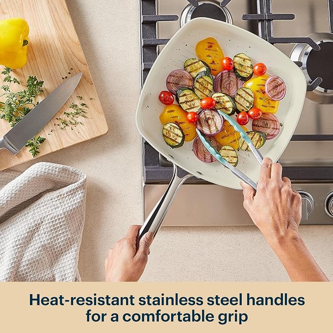 Pyrex 11-Inch Grill Pan Ceramic Cookware with Stainless Steel Handles | Healthy nonstick ceramic coating, induction compatible stainless steel, PFAS Lead Cadmium BPA Free