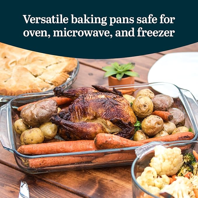 Libbey Baker's Basics 3-Piece Rectangular Glass Casserole Baking Dish Set, Clear, 2 Qt, 2.7 Qt, 3.4 Qt, Transparent, Stackable, Dishwasher Safe